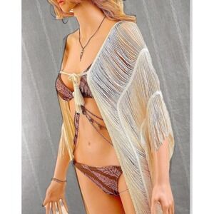 Bless Cream Fringe‎ Cover Up from Tulum with Tassel Tie Boho Coachella Beach